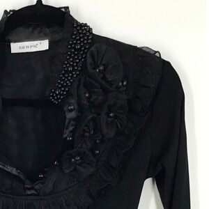 Romantic Black Embellished Blouse Beaded‎ Ruffle Collar Floral Applique S